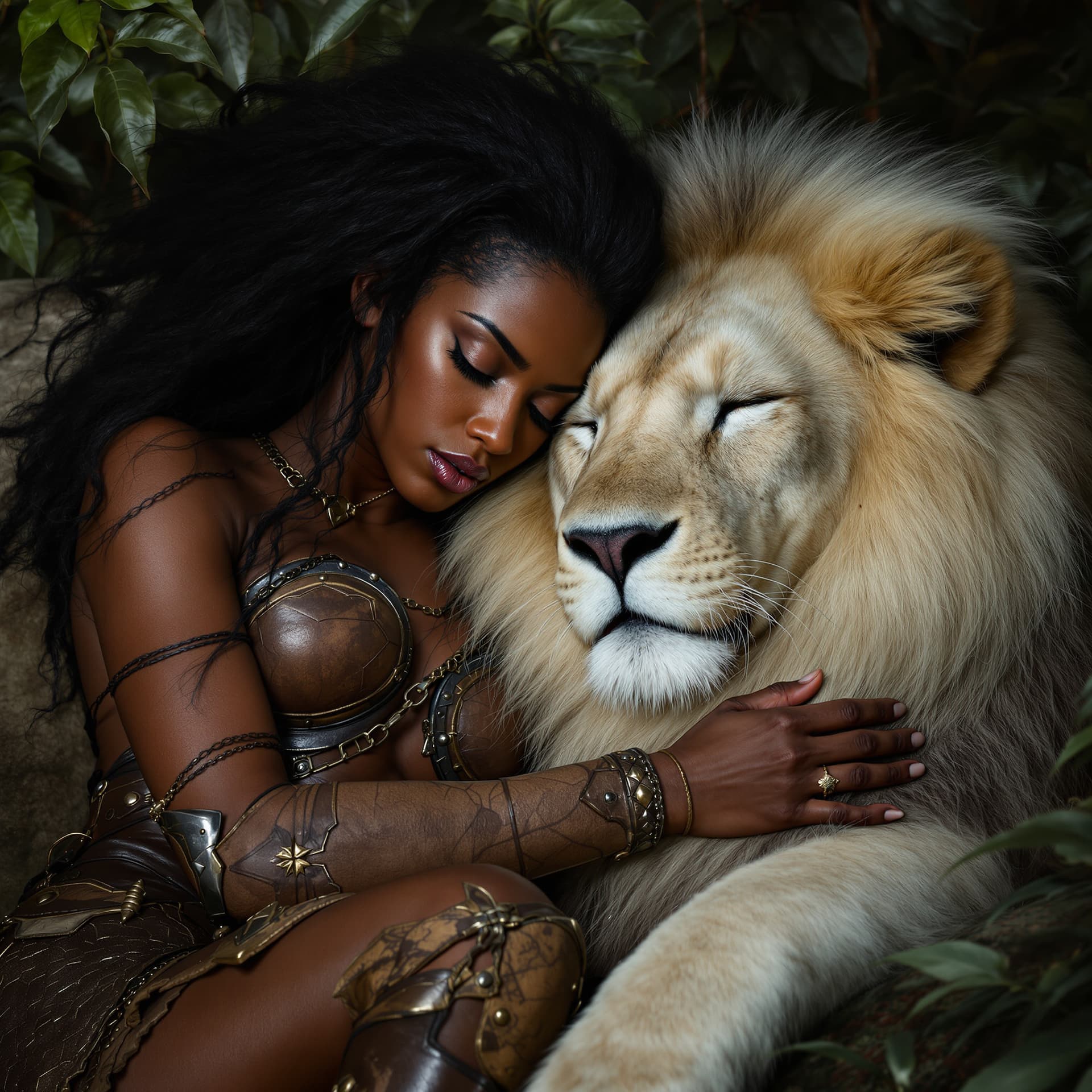 AI generated: img_1025. cdr Stunning image of a strong and beautiful black African warrioress with fierce brown ey...