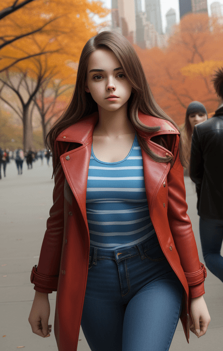 AI generated: beautiful teenage girl in blue jeans, striped tank top and red leather coat, walking in Central Park...