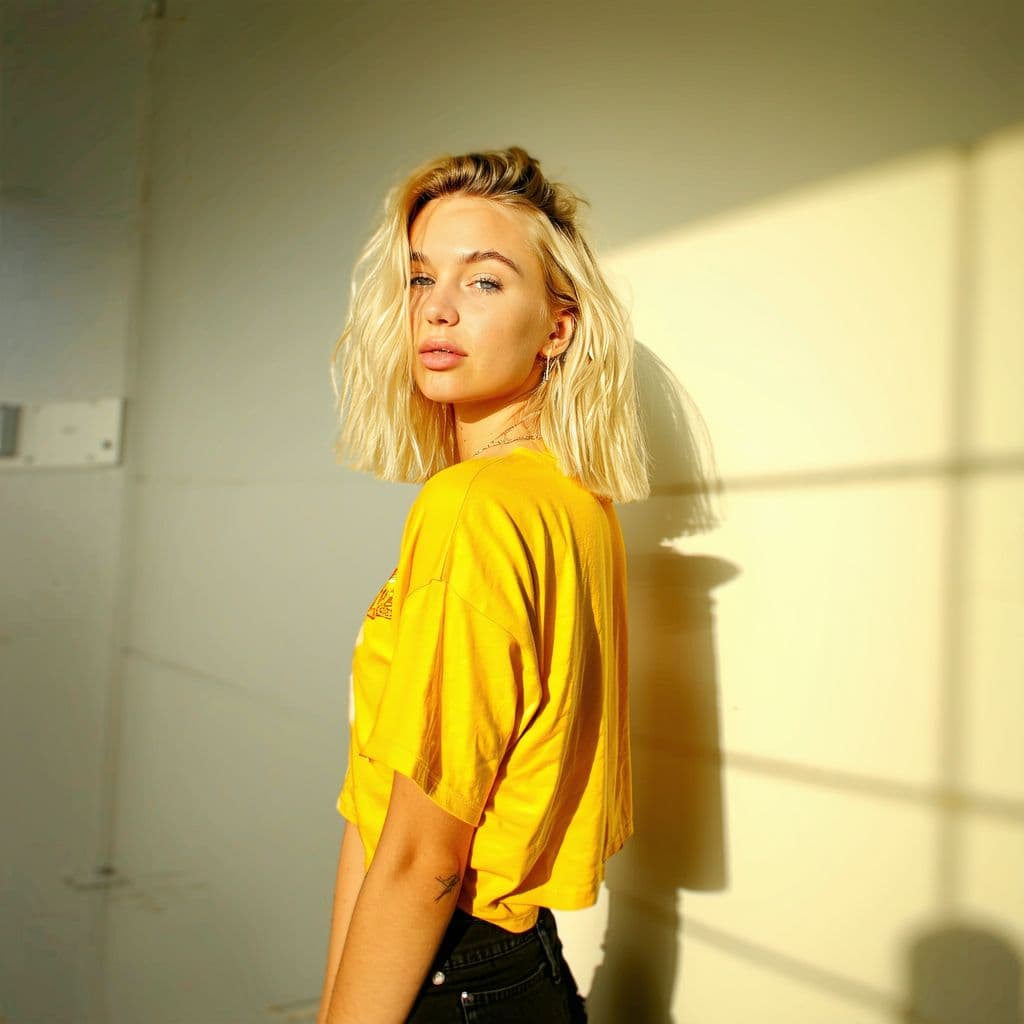 AI generated: blond girl in a yellow shirt is posing, soft, atmospheric lighting --chaos 33 --ar 1:2 --profile yru...