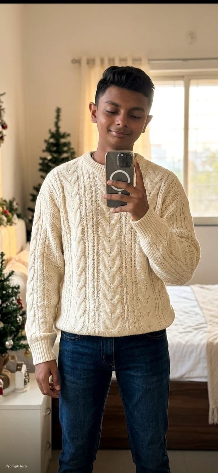 AI generated: The boy, 16 years old with short, dark hair, takes a mirror selfie with his phone. He is wearing a w...