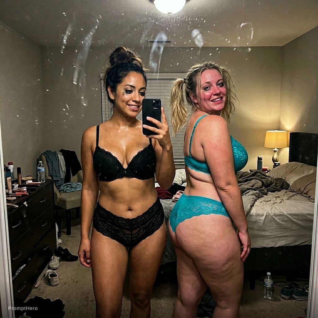 AI generated: Two 30 year old chubby women take a mirror selfie in a messy dimly lit bedroom with smudges on the m...