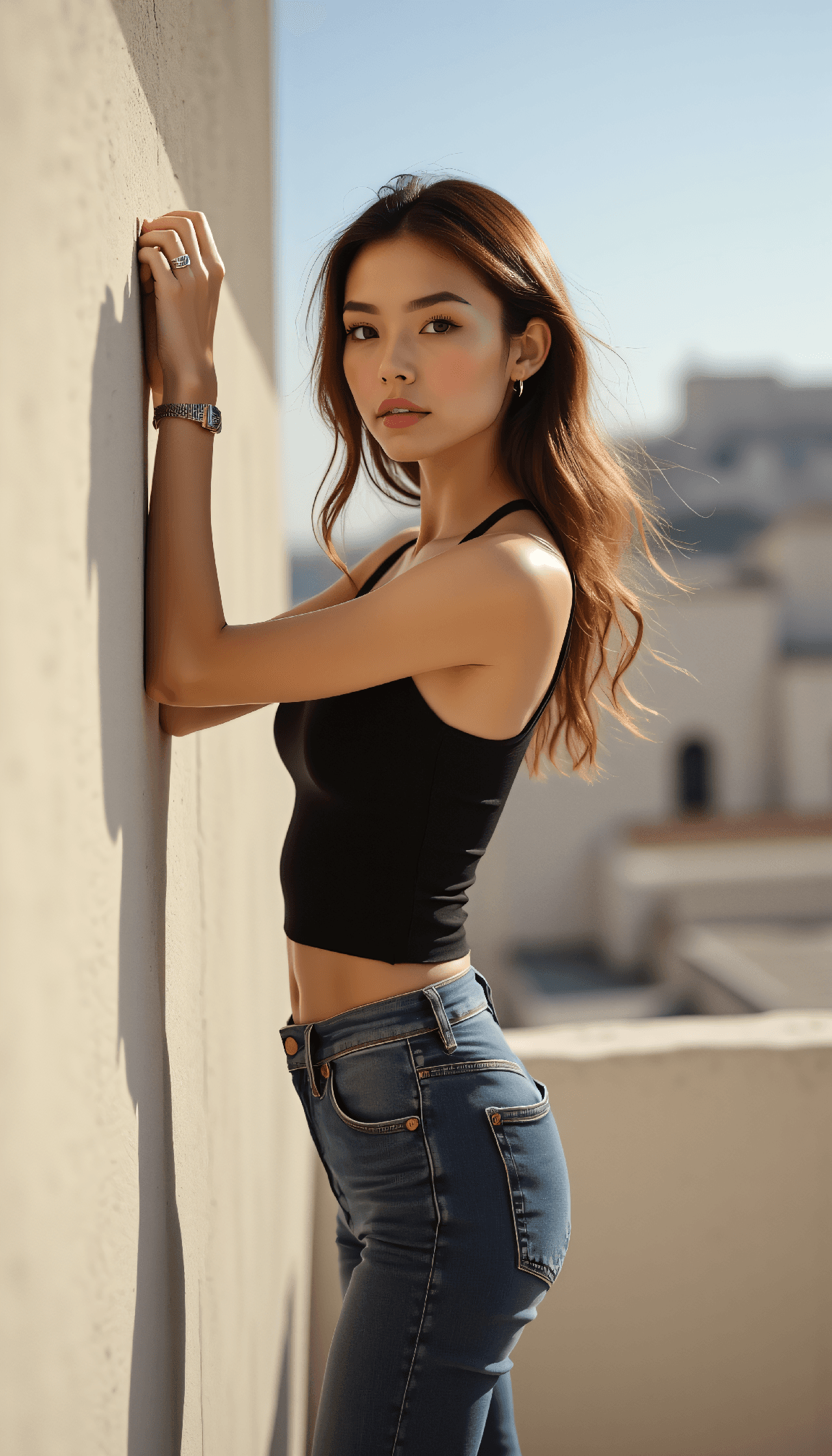 AI generated: half body photography of a stunning 24 year old fashion model, ultra-realisti, shot on a Sony A7III,...