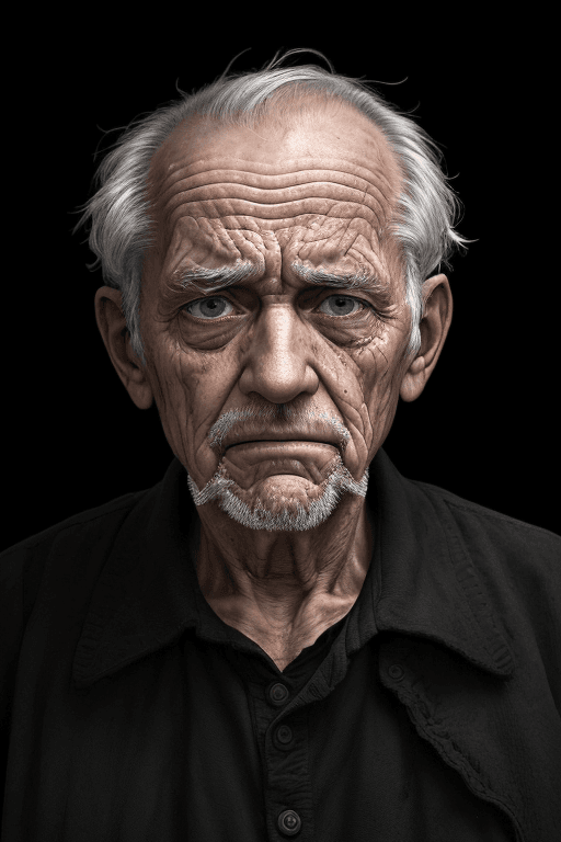 AI generated: An image of a very tired old man, black background settings, highly details  The facial expression r...