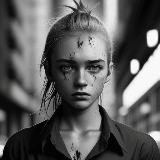 AI generated: a black and white photo of a woman, dress shirt, somewhat androgenic, one model, rugged, sydney, tak...