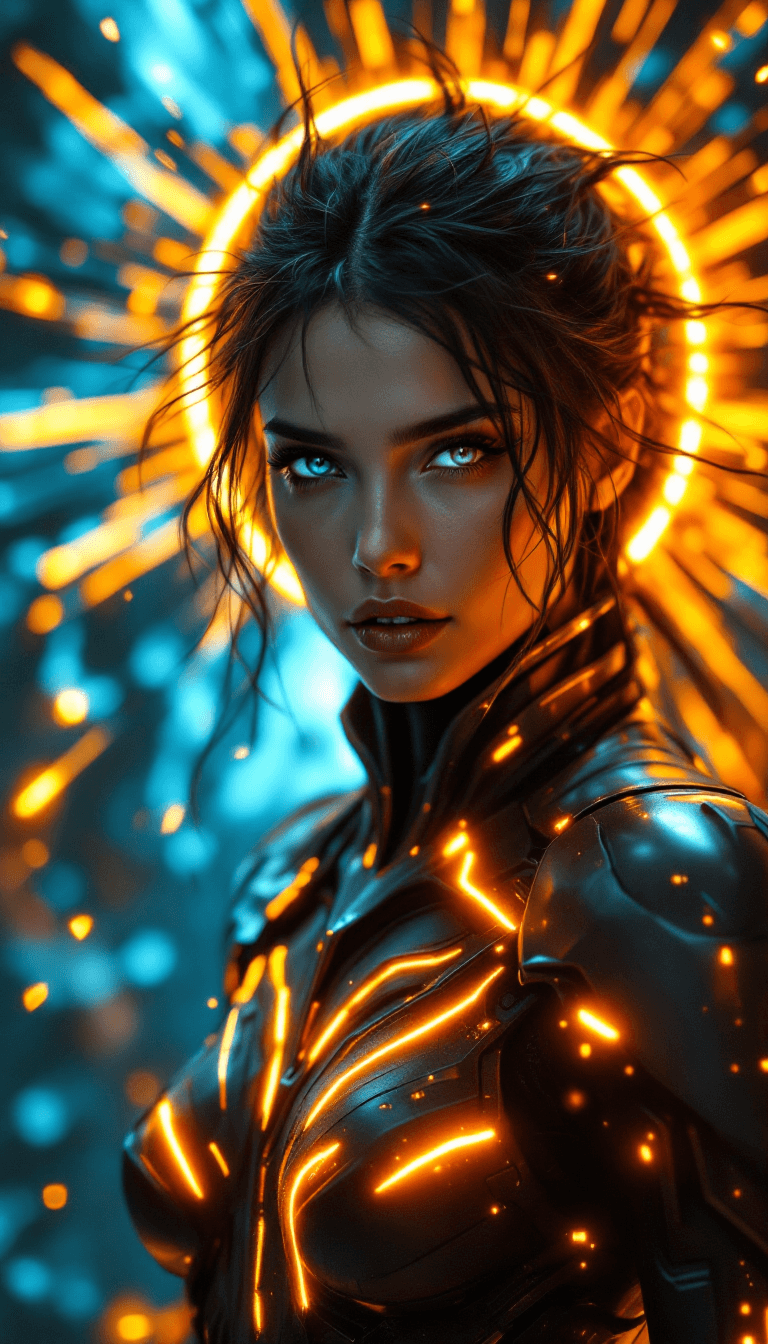 AI generated: A powerful and enigmatic female figure in a futuristic, biomechanical armor glowing with molten gold...