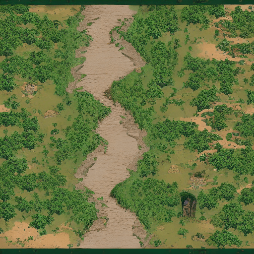 AI generated: Dungeons and dragons Battlemap, top-down view of a long jungle ravine with floodwaters at the bottom...