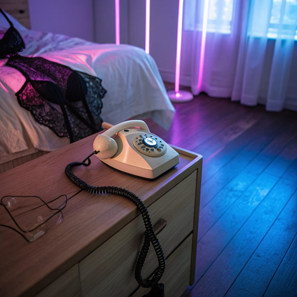 AI generated: A vintage rotary phone lies off the hook on a nightstand, its cord tangled in black lace lingerie. F...