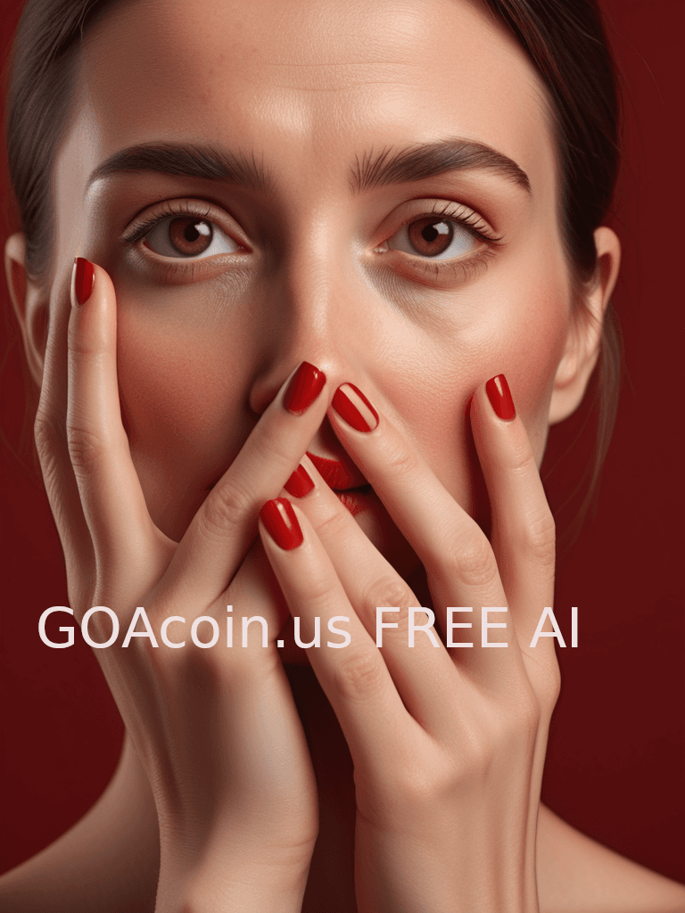 AI generated: image of a woman with a thoughtful expression,covering half of her face with her hand,pure red backg...
