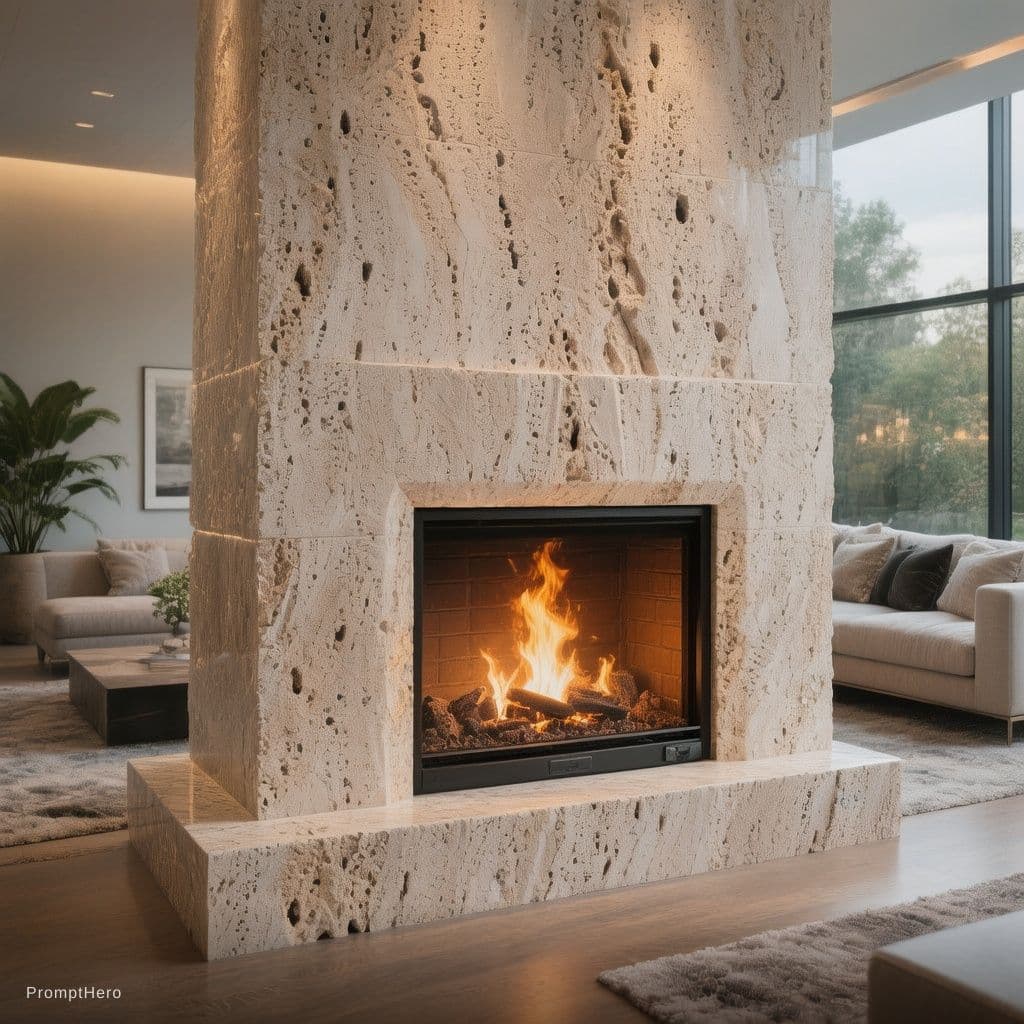 AI generated: i want a modern fireplace with the travertin italian texture in a big modern living room picture tak...