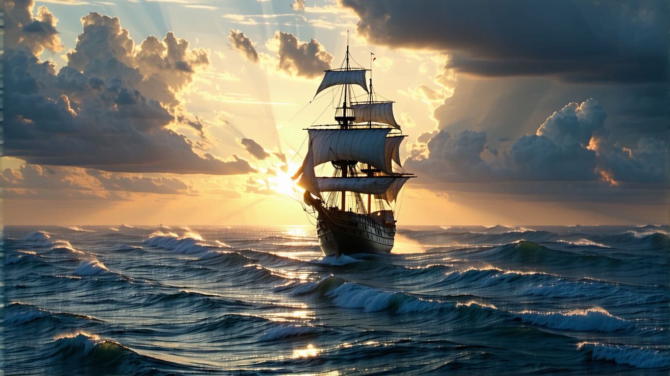 AI generated: Photo of a ultra realistic sailing ship, dramatic light, pale sunrise, cinematic lighting, battered,...