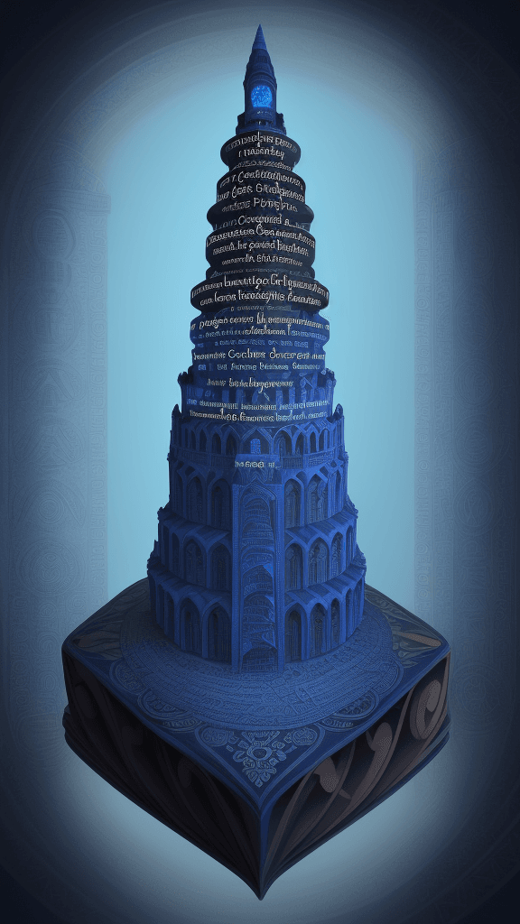AI generated: Create an enchanting depiction of The Tower of Language in indigo blue. Let letters from multiple la...