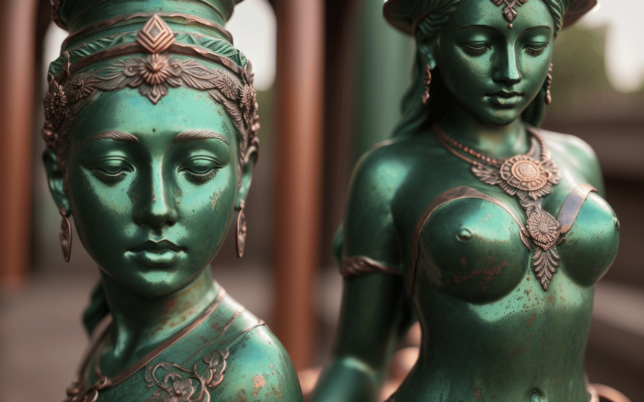 AI generated: copper sun princess statue,(deep green patina:1.3), realism, realistic ,one full body, intricate det...
