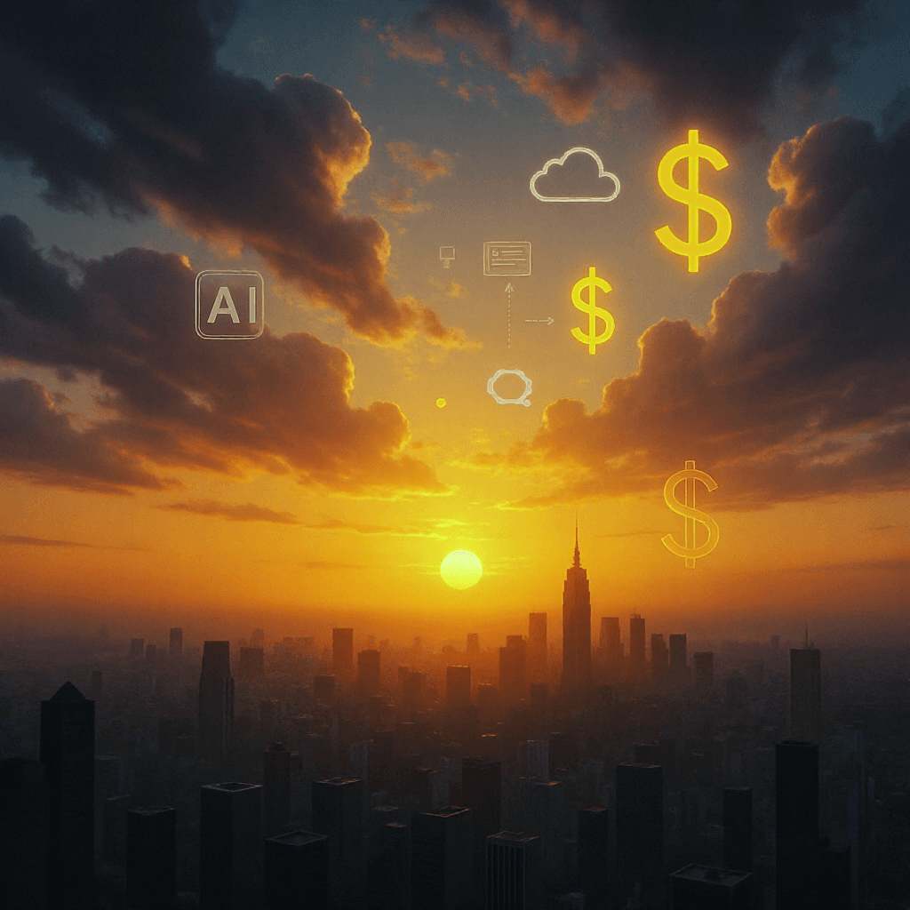 AI generated: "A dramatic sunrise over a city, representing hope and a new beginning, with digital icons like AI, ...