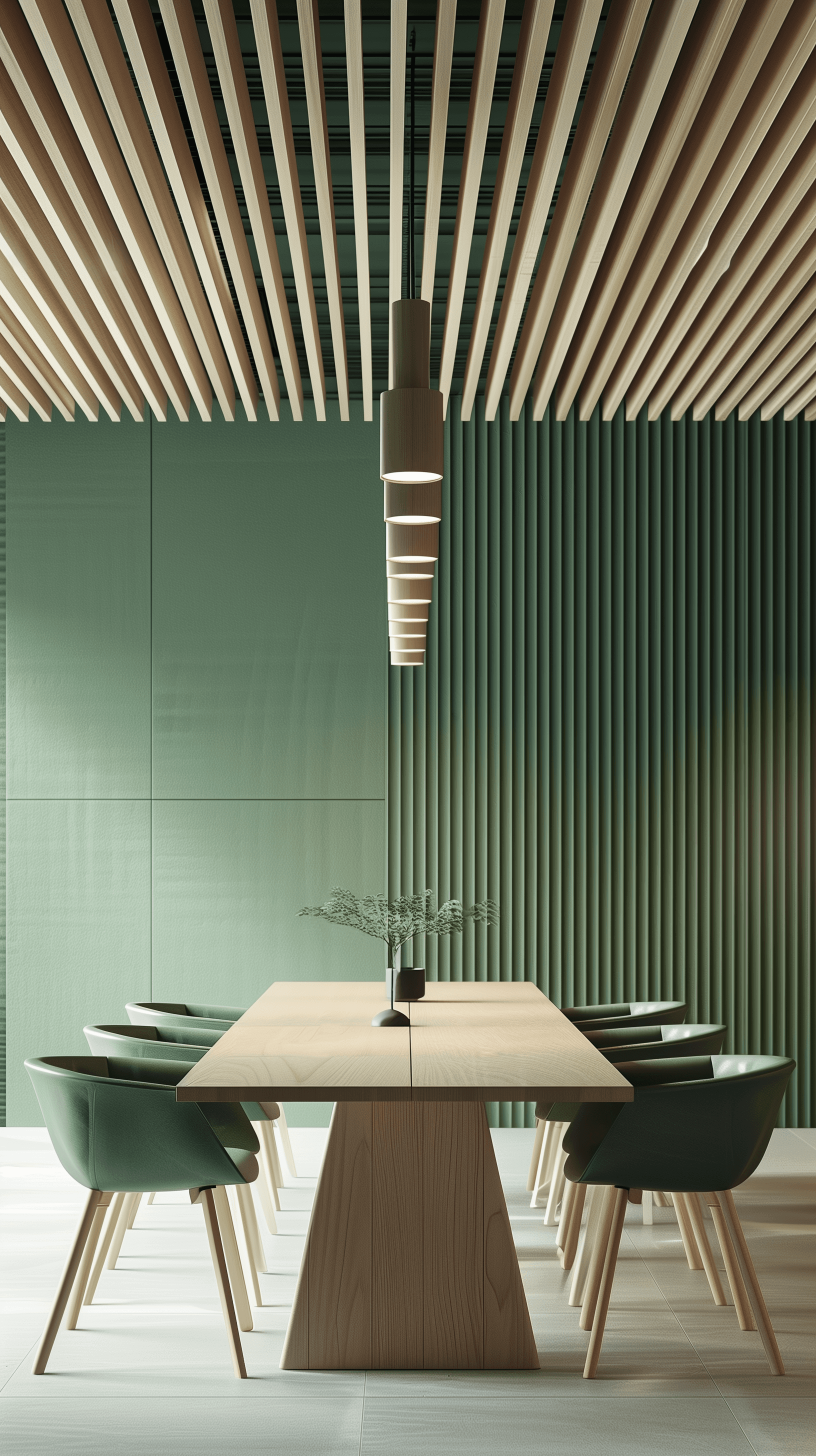AI generated: photorealism, modern minimalist office meeting room interior featuring sleek wooden furniture set ag...