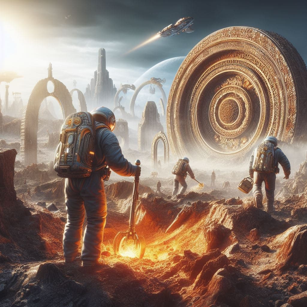 AI generated: an ancient alien ruin on another planet,human astronauts digging at the excavation site.beautiful,hi...