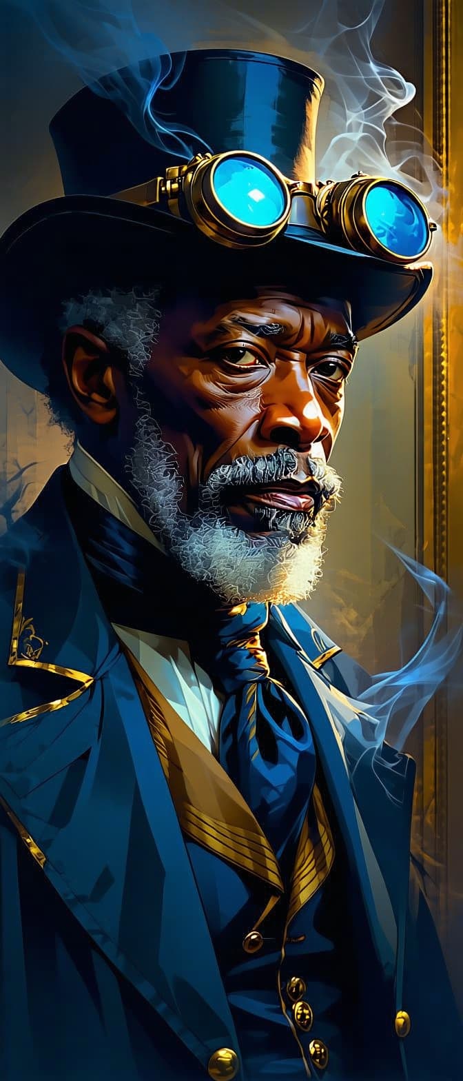 AI generated: an older African American man, in the style of steampunk, atompunk, aaron jasinski, intense lighting...