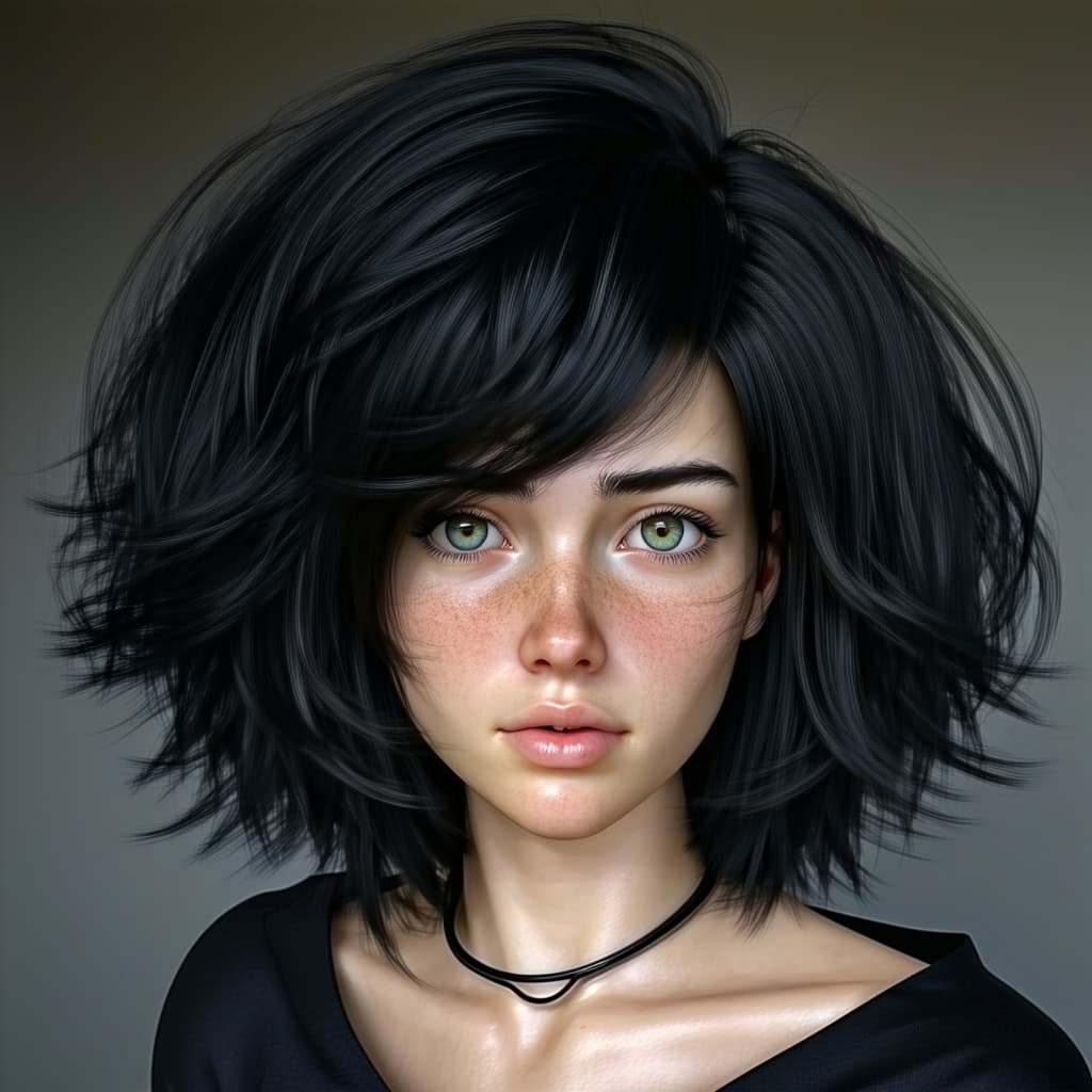 AI generated: un modèle aux cheveux noirs bouclés, dans le style de daz3d, gros plan, brumeux, ondulé, brun, tondo...
