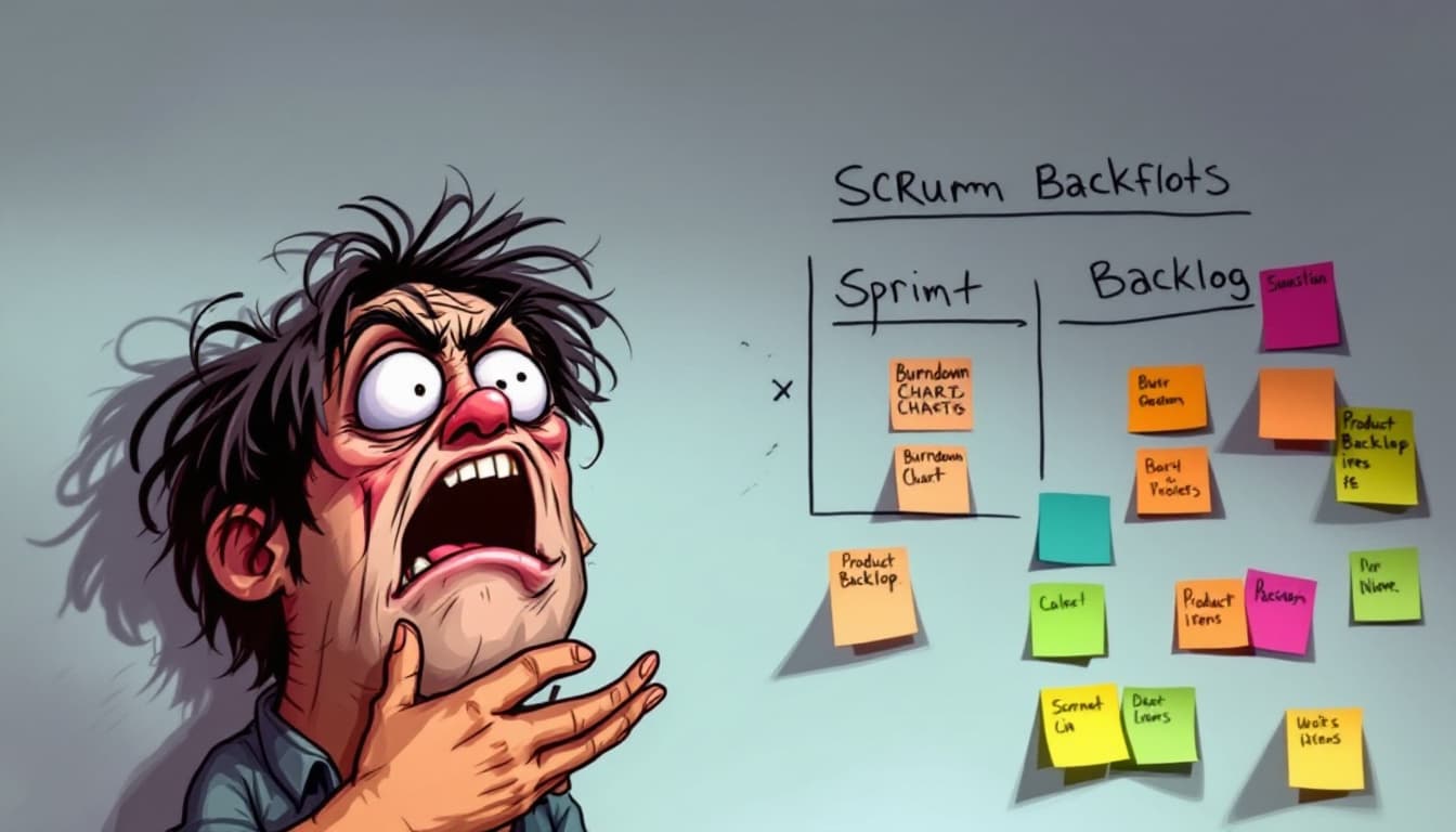 AI generated: A disheveled character with wild eyes, passionately gesturing towards a whiteboard covered in Scrum ...