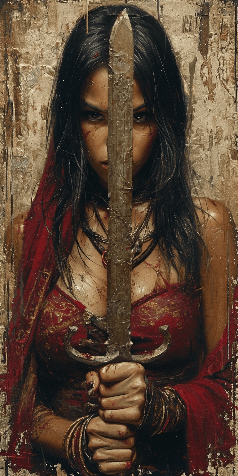 AI generated: an artistic painting of a woman with a sword, in the style of david mann, dau al set, , maroon and b...