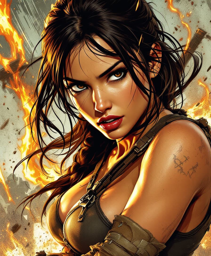 AI generated: lara croft, in the style of comic book-style art, bold, manga-inspired characters, close up, cartoon...