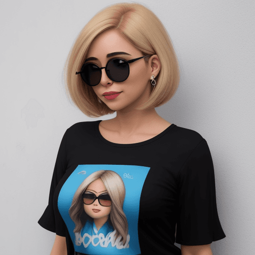 AI generated:  profesora cabello corto , rubia con lentes de borde negro, feliz y con blusa celeste bebe