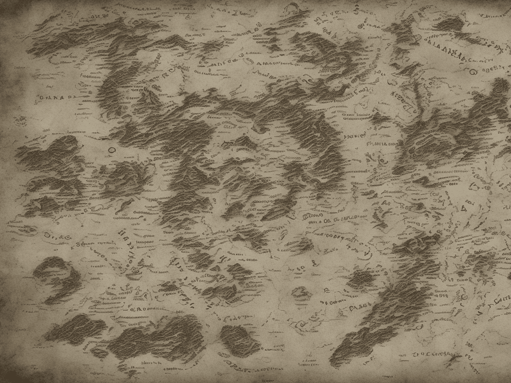 AI generated: flat fantasy map with one big continent in Lord of The Rings style, handwriting, old, dark fantasy