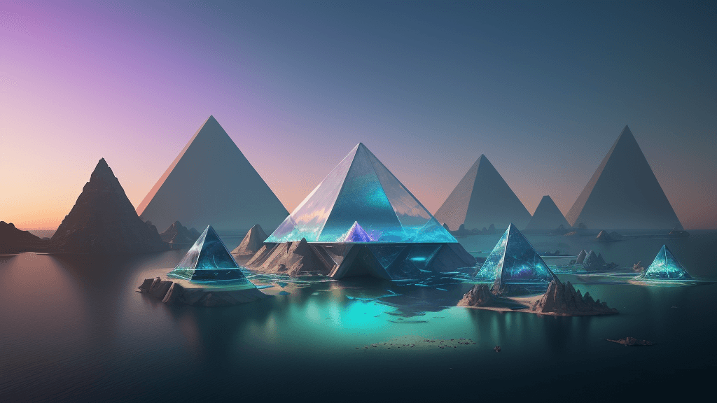 AI generated: A landscape of futuristic pyramids made of glass and metal, experimental architecture landscape wire...