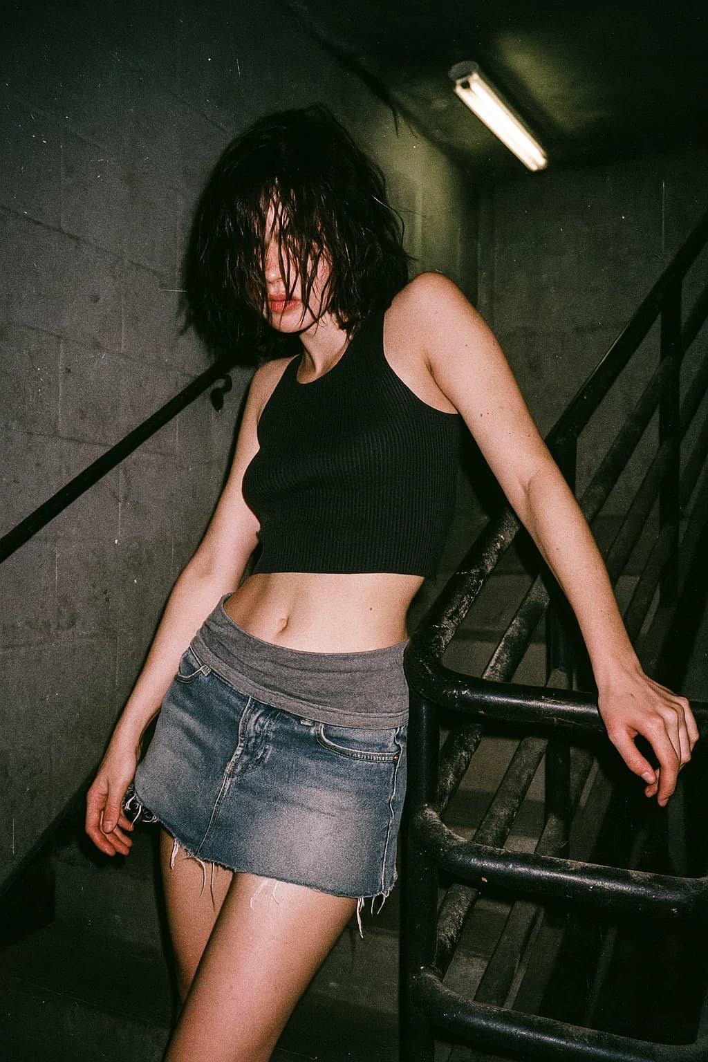 AI generated: Grungy early-2000s lo-fi disposable flash snapshot in a dim concrete stairwell with flickering fluor...
