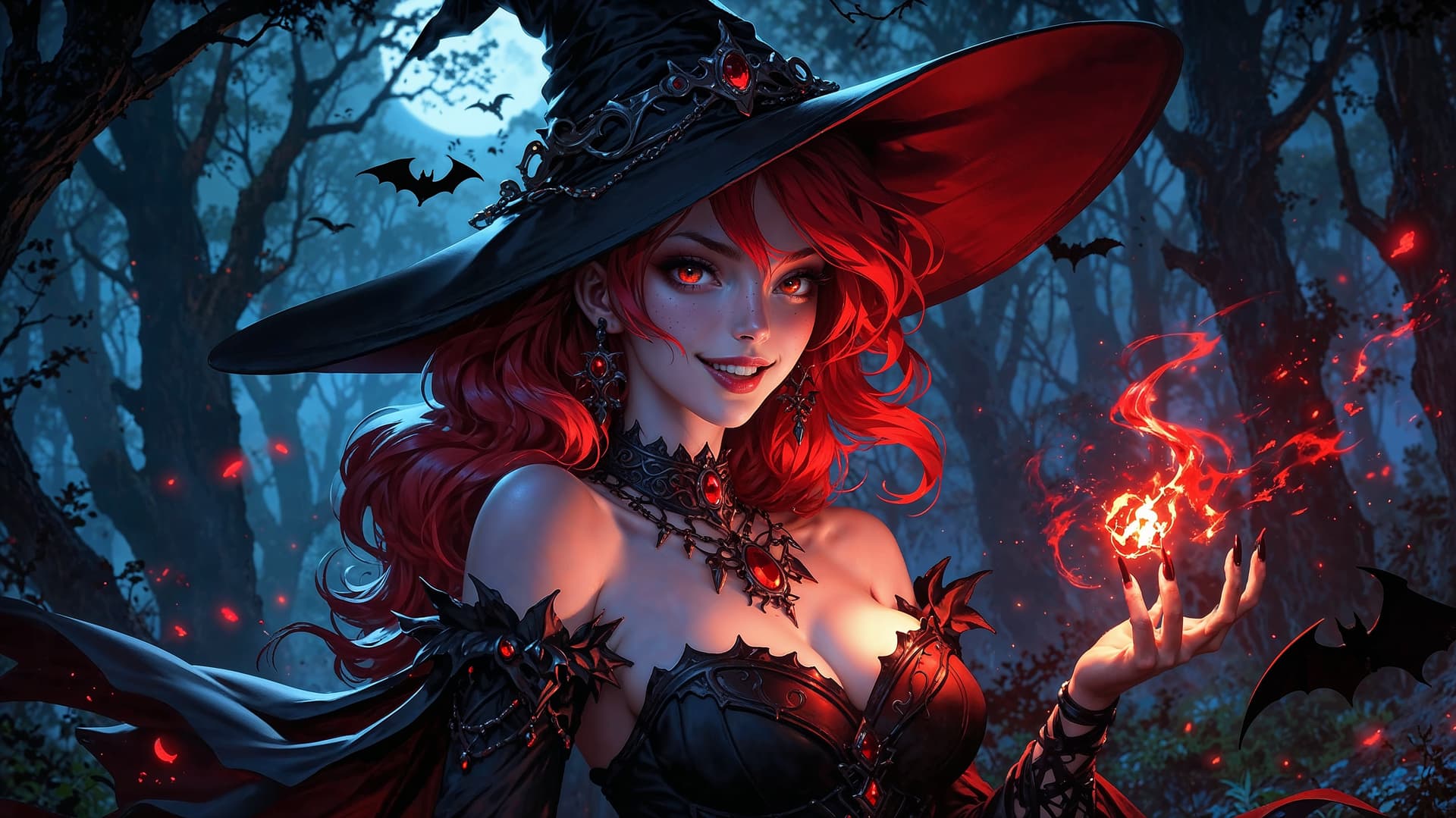 AI generated: Image is a digital fantasy artwork featuring a witch with striking features. The subject is a woman ...