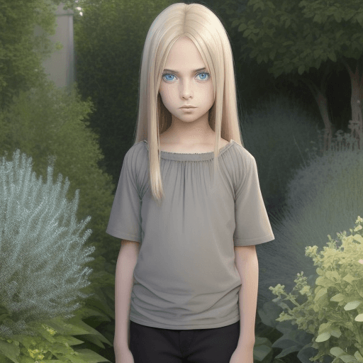 AI generated:  realistic 11 year old cute girl blonde hair mixed with grey. 
ice green eyes tinted with blue. sand...