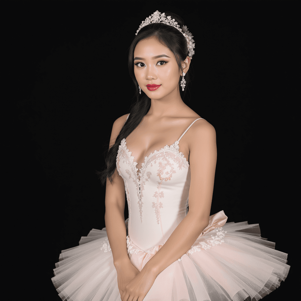 AI generated: Studio photo of a pretty Filipina mestiza wearing ballet attire, subtle makeup, indoor, intricate el...