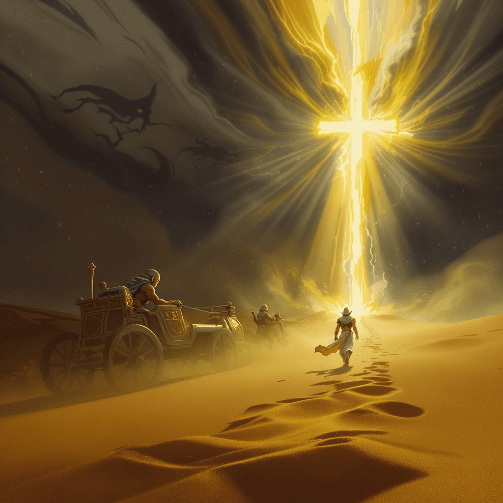 AI generated: Scene 1 (Conflict):

A lost Ancient Egyptian warrior battles a sandstorm, his chariot overturned. ...