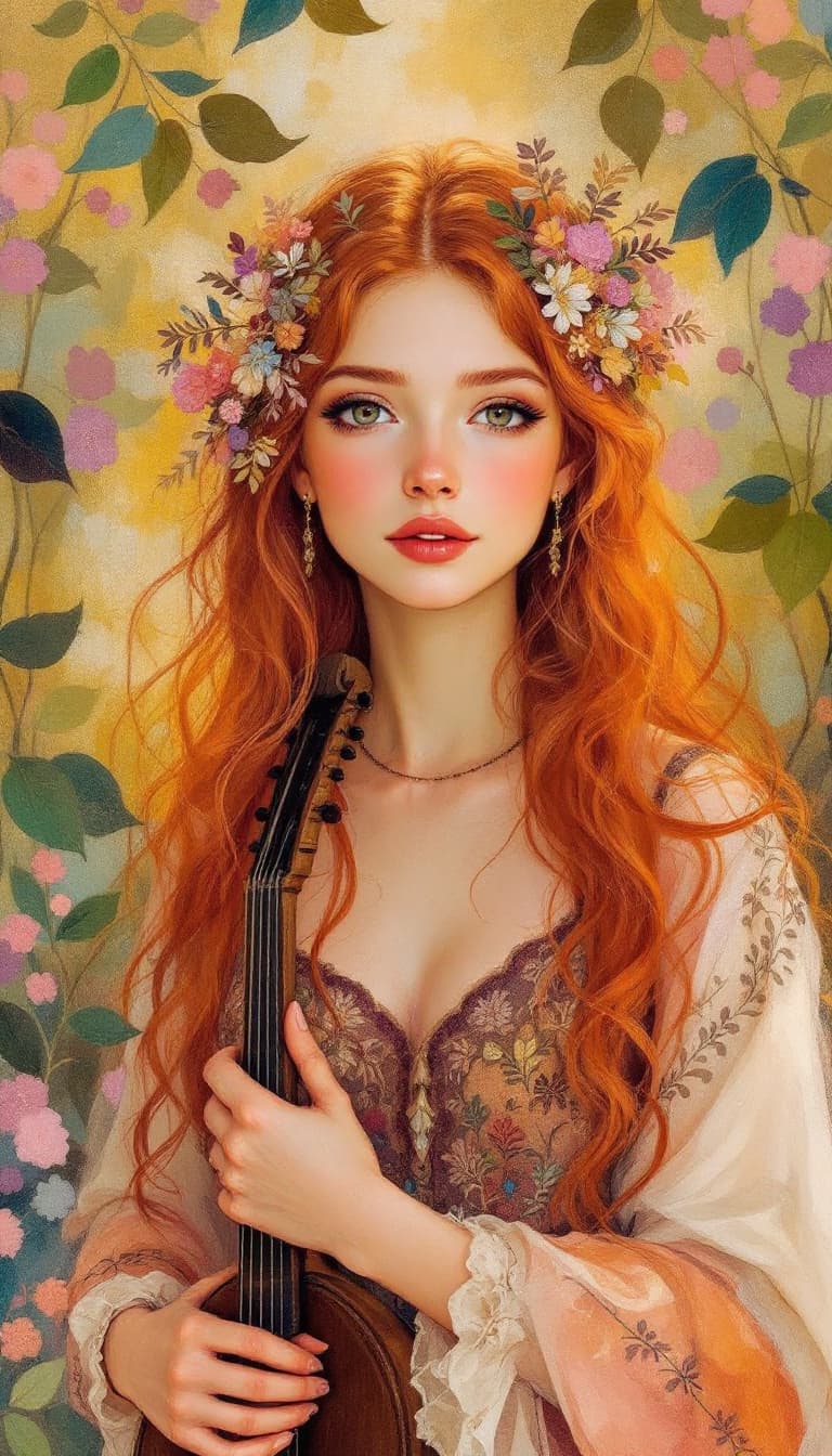 AI generated: "Rose Gold Bard in a Harmonious Grove": A captivating abstract painting captures a bard, with a blen...