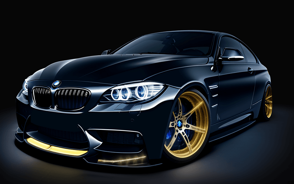 AI generated: dark blue chrome black and yellow angle lights bmw 