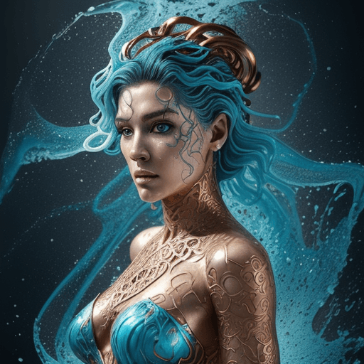 AI generated: Poseidon woman, abstract art style, Art by Alberto Seveso, intricate watercolor painting, copper fil...