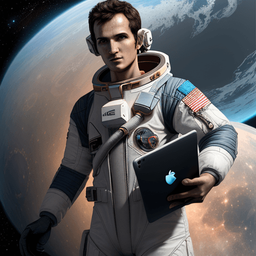 AI generated: An adventurous human character wearing an advanced space exploration suit, holding an ipad in his ri...