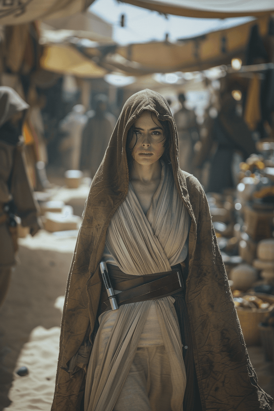 AI generated: A serious and brave female jedi walking through a market in Tatooine, wearing a hooded robe, --ar 4:...