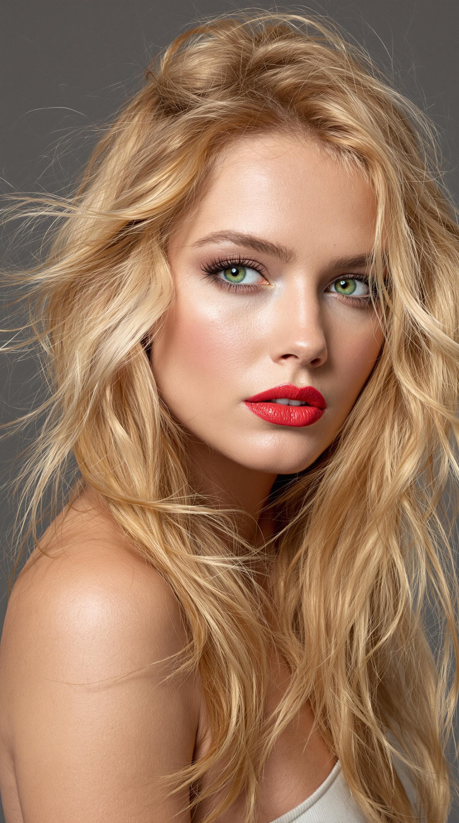AI generated: "The image is a striking close-up portrait of a model with lustrous, tousled strawberry blonde hair ...