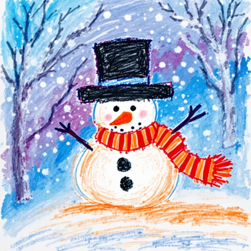 AI generated: childrens crayon drawing of a snowman seen from above, the snowman has a stripe sawl in red and oran...