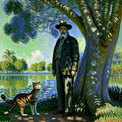 AI generated: Full height front view Portrait of old Monet standing near a tree and looking at the cat sitting nea...