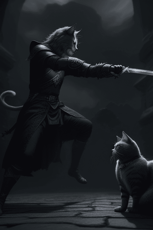 AI generated: two cat battle mage, sword and shild with runes, dramatic lighting, dynamic pose, dynamic camera, ma...