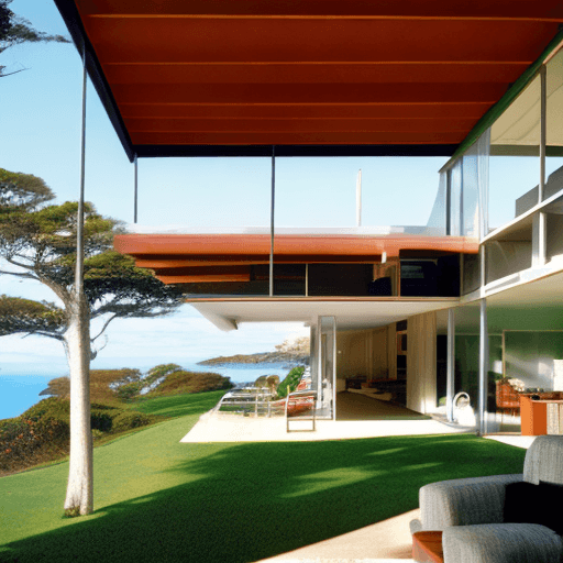 AI generated: Hyper realistic eye level exterior photo of a mid century modern style house overlooking the ocean, ...