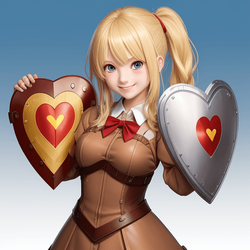 AI generated: A unique blond anime heart. girl. smiling. 
brown clothes. holding one heart shaped shield 10 inch