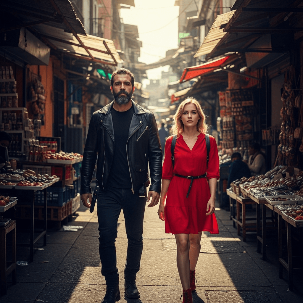 AI generated: a bold man with a lady, walking through Tepito, the most dangerous neighbourhood of Mexico City