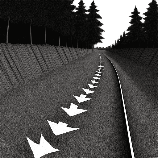 AI generated: cartoon like, drawing, black and white, tire track, arrow, one direction, dirt road