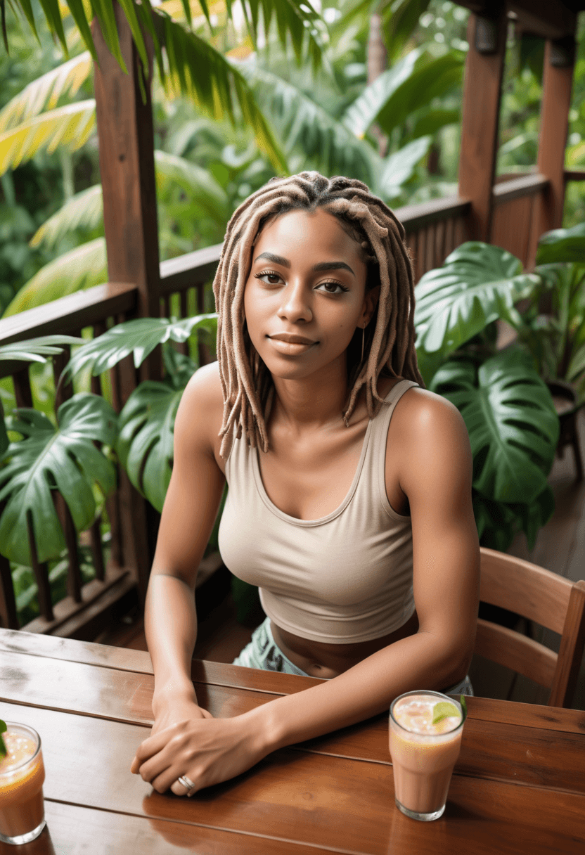AI generated: photograph of a woman with faux locs hair, dressed in a beige sleeveless top, snug fit, shorts, sitt...