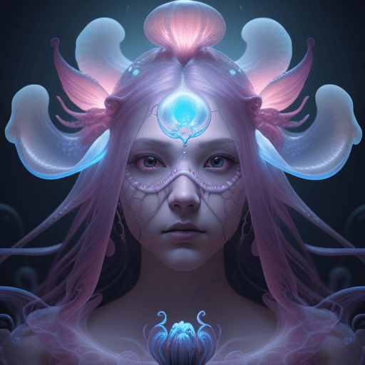 AI generated: Goddess close-up portrait ribcagel. jellyfish phoenix head, nautilus, orchid, skull, betta fish, bio...