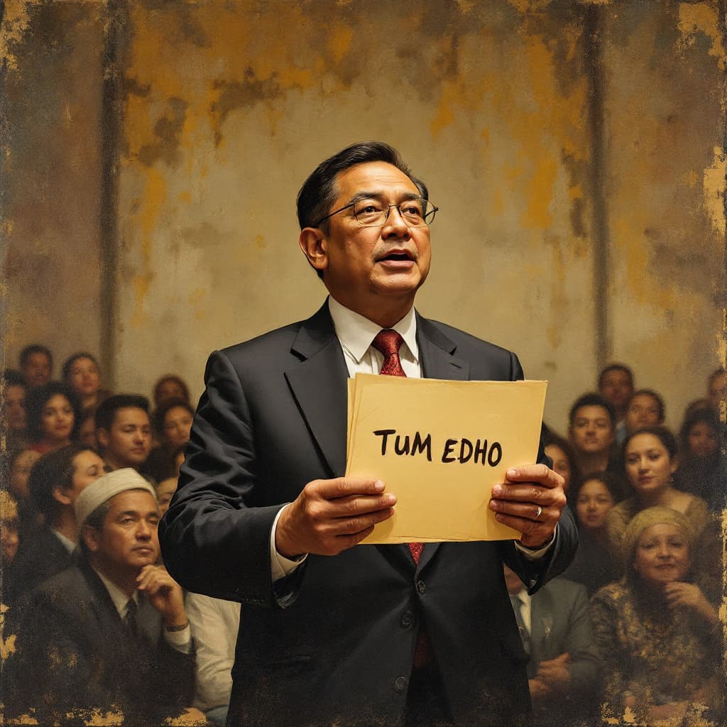 AI generated: a potrait of indonesian politician wearing suit and has a letter give a speech in a front of many pe...
