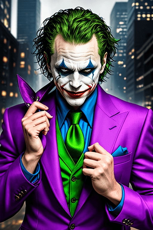 AI generated: an epic art of the Joker amidst a war-torn Gotham City, exuding flamboyant madness with his wide gri...