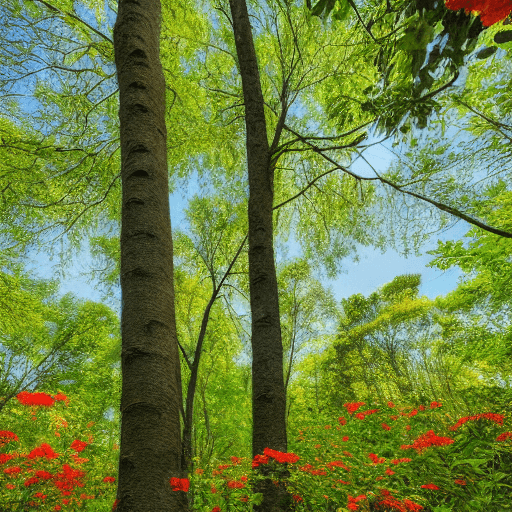 AI generated: An enchanting forest mural on a towering wall, covered in vibrant foliage and blooming flowers, sunl...